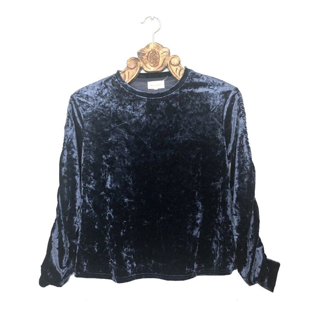 MELLO DAY Nordstrom Blue Crushed Velvet Top Ruched Long Sleeve Small